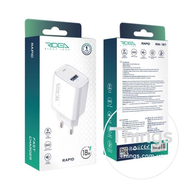 Мережевий Зарядний Пристрій Ridea RW-18120 Rapid 1USB QC 18W Од1-00046157 фото