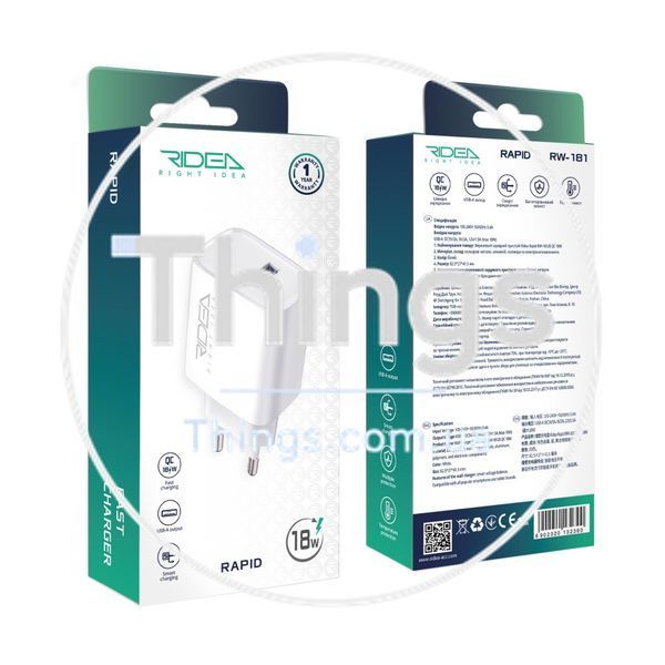 Мережевий Зарядний Пристрій Ridea RW-18120 Rapid 1USB QC 18W Од1-00046157 фото