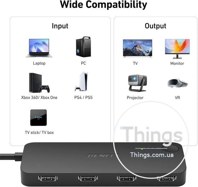 HDMI перемикач BENFEI з 4 входами 1 виходом підтримка 4K60 Гц 2K144 Гц HDCP 2.3 адаптивний еквалайзер K1-000648 фото