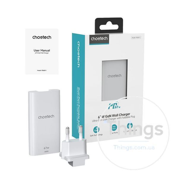 Мережевий зарядний пристрій Choetech PD6011 Ultra thin PD67W GAN A+C White K3-43-00155 фото