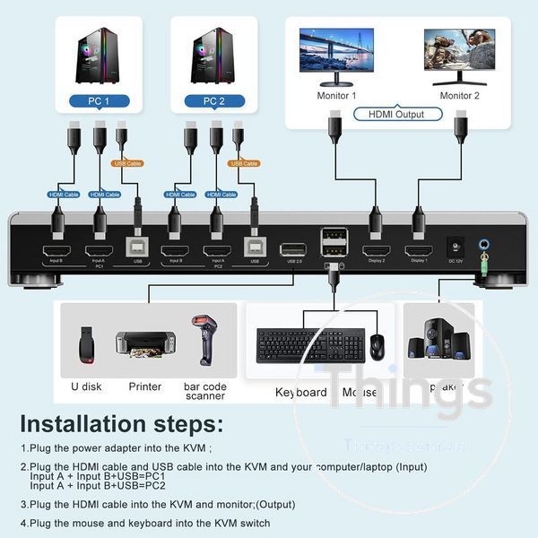 KVM-перемикач DIGITNOW! HDMI для 2 ПК і 2 моніторів (Dual Monitor Extended, 4K@60 Гц RGB 4:4:4, USB Hub, аудіо, IR-пульт, Hotkey) K1-000758 фото