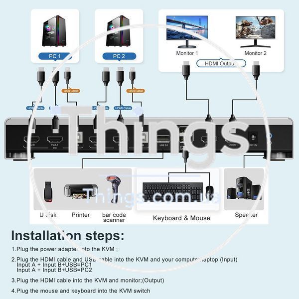 KVM-перемикач DIGITNOW! HDMI для 2 ПК и 2 мониторов (Dual Monitor Extended, 4K@60 Гц RGB 4:4:4, USB Hub, аудио, IR-пульт, Hotkey) K1-000758 фото