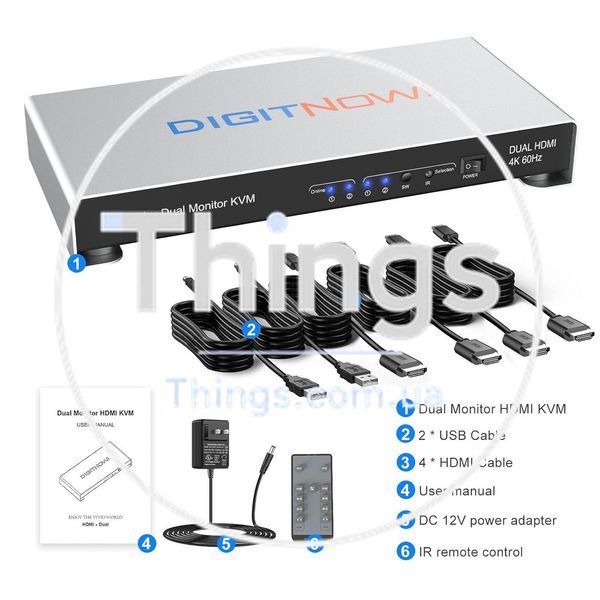 KVM-перемикач DIGITNOW! HDMI для 2 ПК и 2 мониторов (Dual Monitor Extended, 4K@60 Гц RGB 4:4:4, USB Hub, аудио, IR-пульт, Hotkey) K1-000758 фото