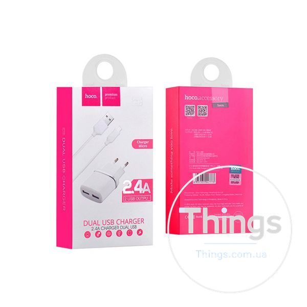 Home Charger 2.4A 2U Lightning Cable (1m) Hoco C12 Black &mdash; White К2-000056800 фото