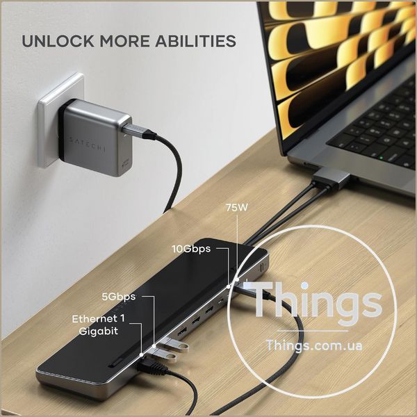 Док-станція Satechi Dual USB-C Docking Station & Stand (Dual 4K HDMI+DisplayPort,75WPD, 2&times;USB-C Data, 2&times;USB-A, слот SSD K1-000757 фото