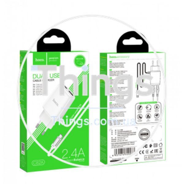 Home Charger | 2.4A | 2U | Lightning Cord (1m) &mdash; Hoco C82A &mdash; White К2-000069749 фото