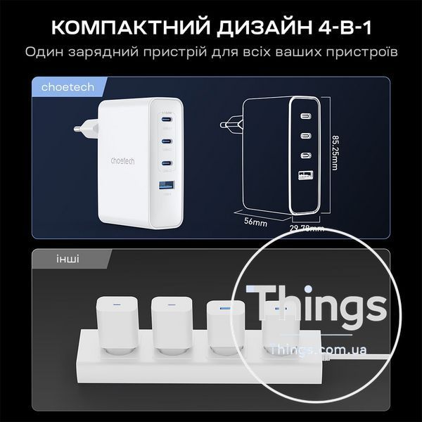 Мережевий зарядний пристрій Choetech PD9002 PD100W GAN USB-A+3xUSB-C White K3-43-00172 фото