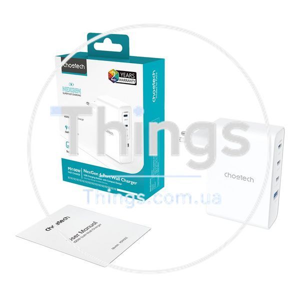 Мережевий зарядний пристрій Choetech PD9002 PD100W GAN USB-A+3xUSB-C White K3-43-00172 фото