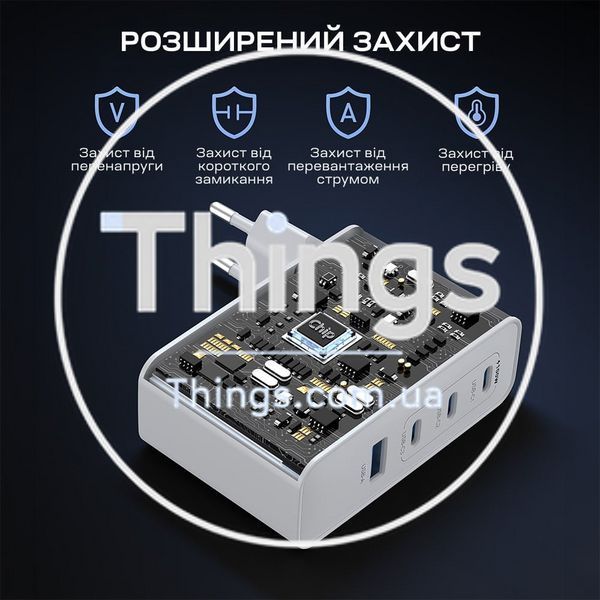 Мережевий зарядний пристрій Choetech PD9002 PD100W GAN USB-A+3xUSB-C White K3-43-00172 фото