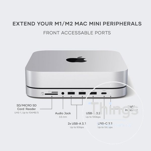 Хаб док станція Satechi для mac mini m2 m1 mac studio з ssd накопичувачем nvme sata m2 usb c 10gbps usb-a 10gbps 3,5мм сріблястий K1-000722 фото