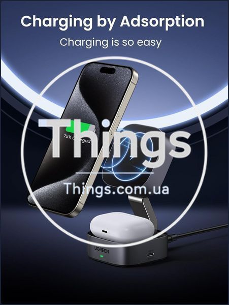 Магнитная беспроводная зарядная станция UGREEN MagFlow 2-в-1 для iPhone и AirPods &mdash; сложная, быстрая зарядка Qi, USB-C K1-000796 фото