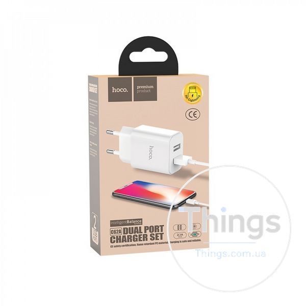 Home Charger 2.1A 2U Micro Cable (1m) Hoco C62A White К2-000064305 фото