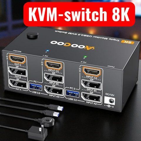 KVM-світч HDMI Displayport 8K 60 Гц для 3 моніторів 2 комп'ютерів KVM-перемикачі 4K 144 Гц з USB 3.0 пультом ДУ адаптером живлення K1-000562 фото