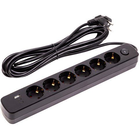 Мережевий фільтр PowerPlant 5м, 3x0.75мм2, 6 розеток, 1xUSB, 2xType-C, євро, 100% мідь (YS-N6086/5c) EX610679 фото