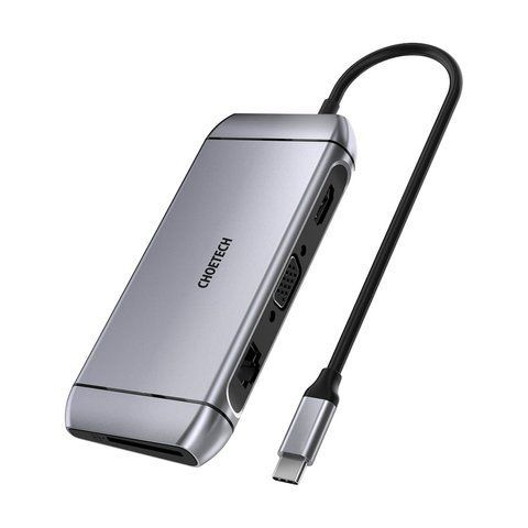USB-C хаб 9-в-1 Choetech M15 HDMI 4K@30Hz, VGA, 3 USB3.0, RJ45, USB-C PD, SD-card, TF-card K3-43-00153 фото