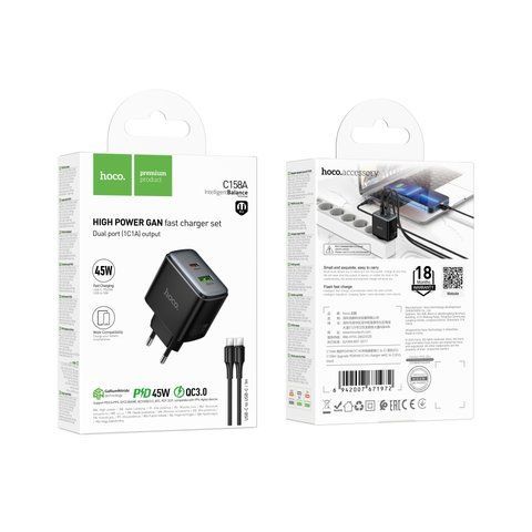 Мережевий Зарядний Пристрій Hoco C158A 1USB-C/1USB QC/PD45W GAN+Type-C to Type-C Од1-00048551 фото