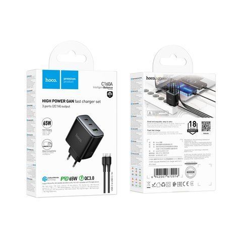 Мережевий Зарядний Пристрій Hoco C160A 2USB-C/1USB QC/PD65W+Type-C to Type-C Од1-00048549 фото