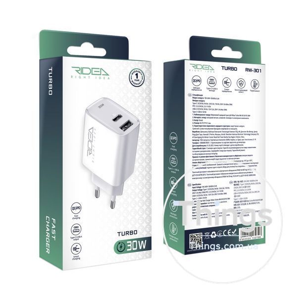 Мережевий Зарядний Пристрій Ridea RW-30120 Turbo 1USB/1USB-C QC/PD 30W Од1-00046170 фото