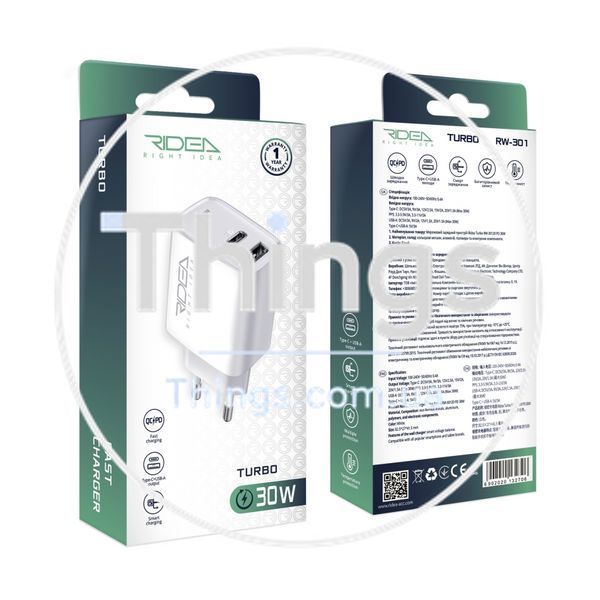 Мережевий Зарядний Пристрій Ridea RW-30120 Turbo 1USB/1USB-C QC/PD 30W Од1-00046170 фото