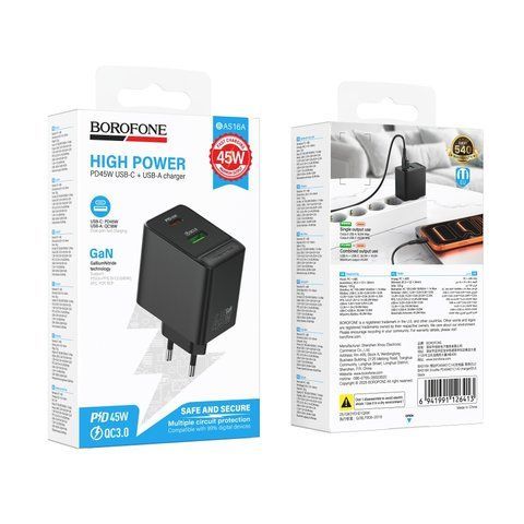 Мережевий Зарядний Пристрій Borofone BAS16A 1USB-C/1USB QC/PD 45W GAN Од1-00048802 фото