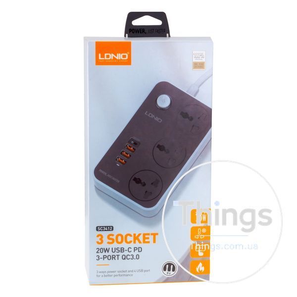 Мережевий Подовжувач LDNIO SC3412 3 ports / PD / 3USB QC 3.0 Од1-00033216 фото