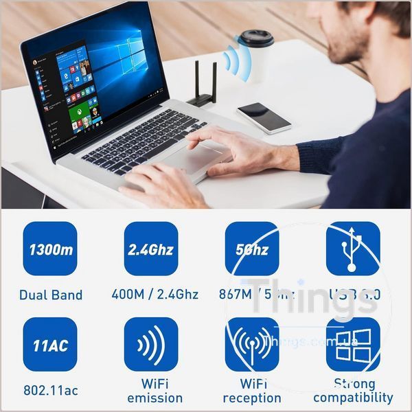 USB Wi-Fi адаптер USB 3.0 Dual Band AC1300 (2.4 ГГц / 5.8 ГГц, до 1300 Мбіт/с, 2 антени) для ПК/ноутбука/планшета, чорний K1-000742 фото