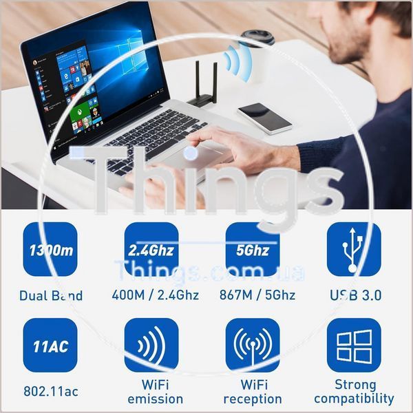 USB Wi-Fi адаптер USB 3.0 Dual Band AC1300 (2.4 ГГц / 5.8 ГГц, до 1300 Мбит/с, 2 антенны) для ПК/ноутбука/планшета, черный K1-000742 фото