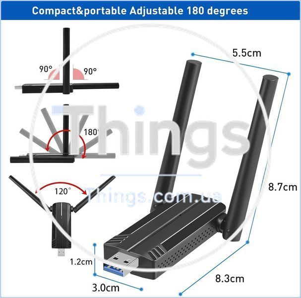 USB Wi-Fi адаптер USB 3.0 Dual Band AC1300 (2.4 ГГц / 5.8 ГГц, до 1300 Мбит/с, 2 антенны) для ПК/ноутбука/планшета, черный K1-000742 фото