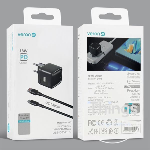 Home Charger | 18W | 1U | Micro Cable (1m) &mdash; Veron VR-C18Q К2-000079028 фото