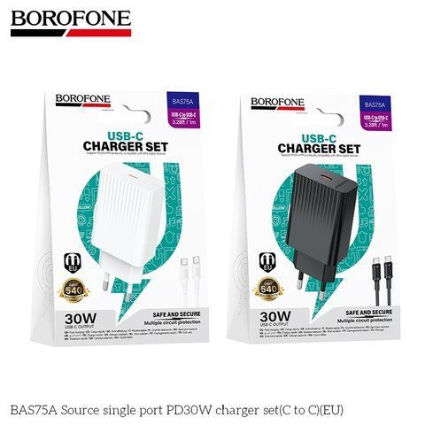 Мережевий Зарядний Пристрій Borofone BAS75A 1USB-C PD/QC 30W+Type-C to Type-C Од1-00047776 фото