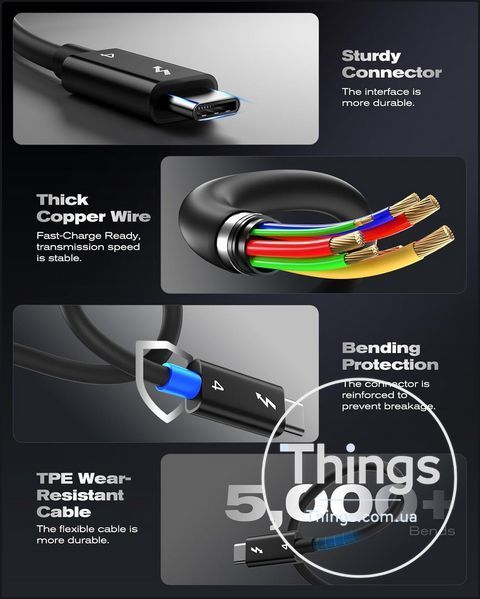 Кабель Thunderbolt 4 USB-C 1м, 240W 40Gbps 5A USB Type-C 8K/dual 4K PD швидка зарядка чорний сертифікований K1-000862 фото