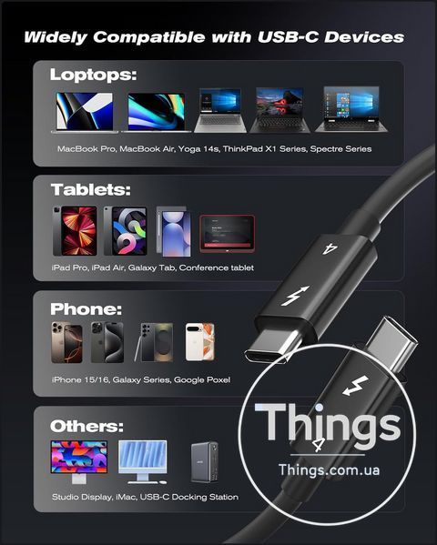 Кабель Thunderbolt 4 USB-C 1м, 240W 40Gbps 5A USB Type-C 8K/dual 4K PD швидка зарядка чорний сертифікований K1-000862 фото