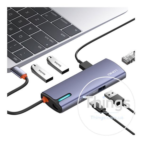 USB Hub LDNIO DS-16H Type-C To PD*1(100W)+HDMI*1(4K@30hz)+USB3.0*3+RJ45*1(1Gbps) Од1-00046916 фото