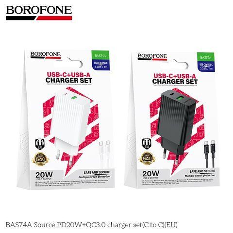 Мережевий Зарядний Пристрій Borofone BAS74A 1USB-C/1USB PD/QC 20W+Type-C to Type-C Од1-00047770 фото