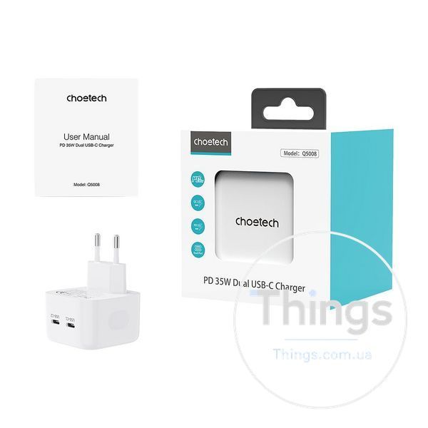 Мережевий зарядний пристрій Choetech Q5008 PD35W 2xUSB-C White K3-43-00173 фото
