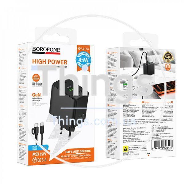 Home Charger 45W PD QC3.0 C to C Cable (1m) Borofone BAS16A K2-000083238 фото