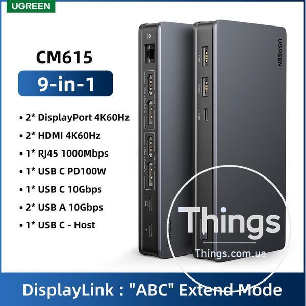 Док-станція 9 в 1 UGREEN Revodok Pro CM615 Type-C концентратор 4K HDMI DisplayPort RJ45 PD100W K1-000068 фото