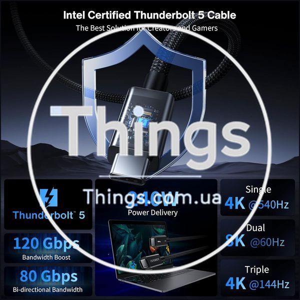 Кабель Thunderbolt 5 черный 0.8 м Intel Certified 80Gbps/120Gbps видео 240W PD3.1 плетеный Nylon USB4/TB4/3 Mac/iPhone K1-000861 фото