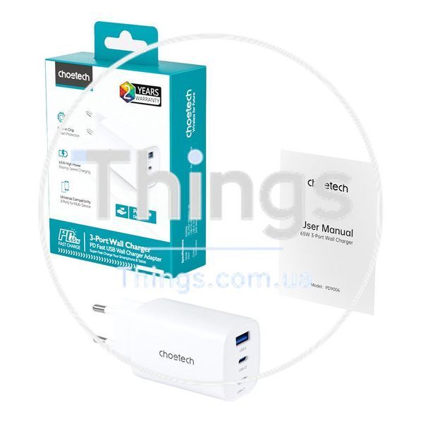 Мережевий зарядний пристрій Choetech PD9006 PD65W GAN USB-A+2xUSB-C White K3-43-00171 фото