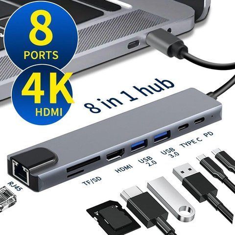 Док-станція хаб 8-в-1 Type-C USB 3.0 HDMI HDTV PD SD TF RJ45 K1-000670 фото
