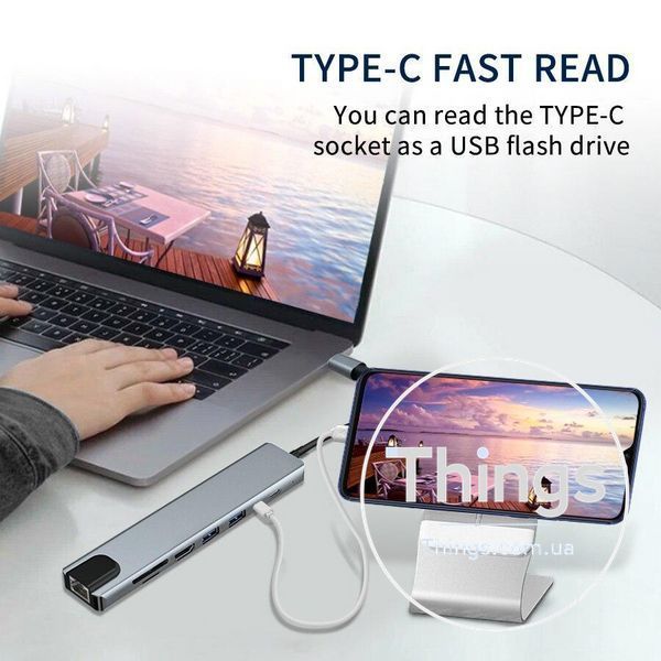 Док-станція хаб 8-в-1 Type-C USB 3.0 HDMI HDTV PD SD TF RJ45 K1-000670 фото