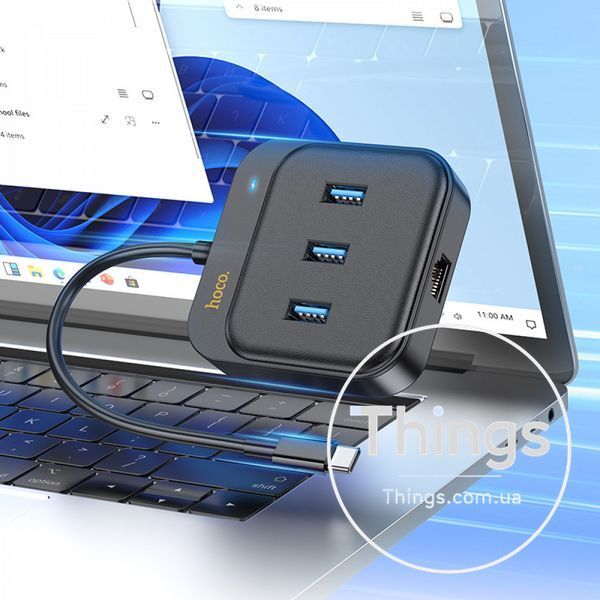 USB Ethernet Adapter Easy link 4-in-1 Gigabit USB C to USB3.0*3+RJ45(L=0.2M) Hoco HB35 &mdash; Black К2-000078133 фото