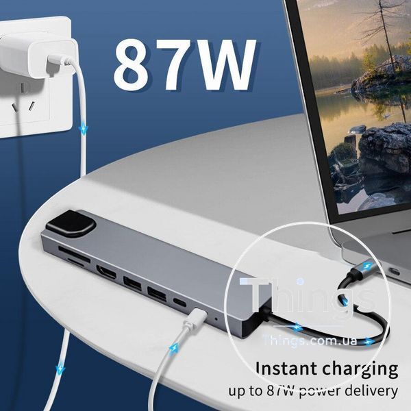 Док-станція хаб 8-в-1 Type-C USB 3.0 HDMI HDTV PD SD TF RJ45 K1-000670 фото