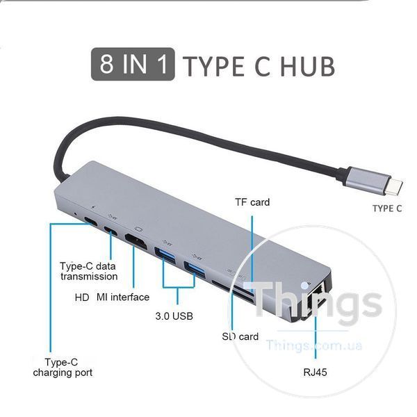 Док-станція хаб 8-в-1 Type-C USB 3.0 HDMI HDTV PD SD TF RJ45 K1-000670 фото