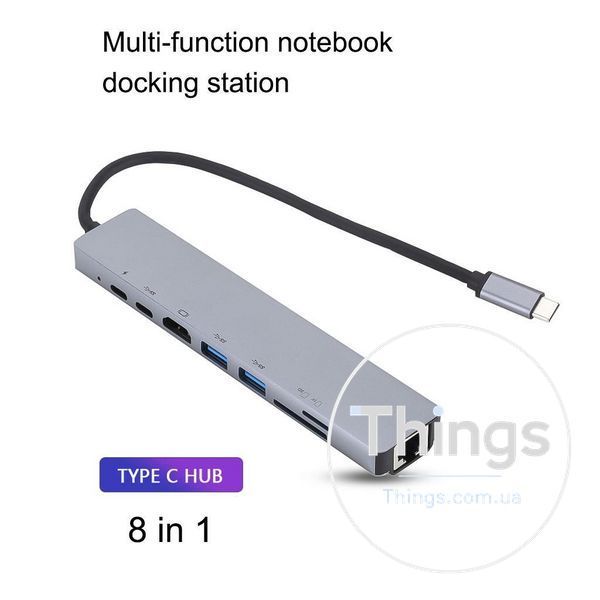 Док-станція хаб 8-в-1 Type-C USB 3.0 HDMI HDTV PD SD TF RJ45 K1-000670 фото