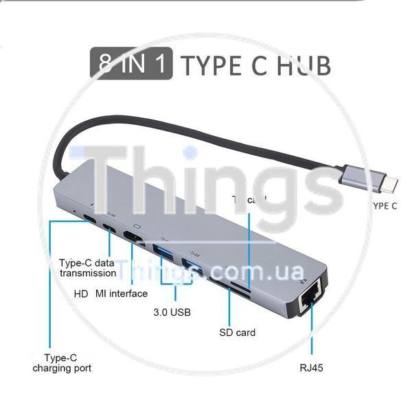 Хаб адаптер док-станция USB-C 8 в 1 Type-C HDMI RJ45 Ethernet 4K HDMI 100 Вт PD 2 порта USB 3.0 порт зарядки быстрая зарядка K1-000670 фото