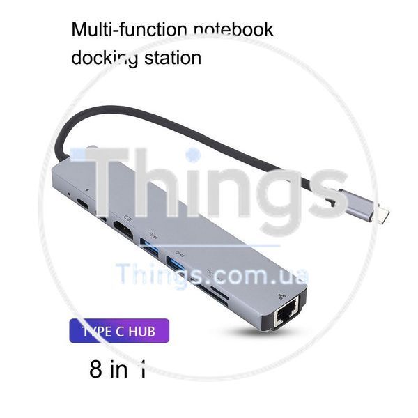 Хаб адаптер док-станция USB-C 8 в 1 Type-C HDMI RJ45 Ethernet 4K HDMI 100 Вт PD 2 порта USB 3.0 порт зарядки быстрая зарядка K1-000670 фото