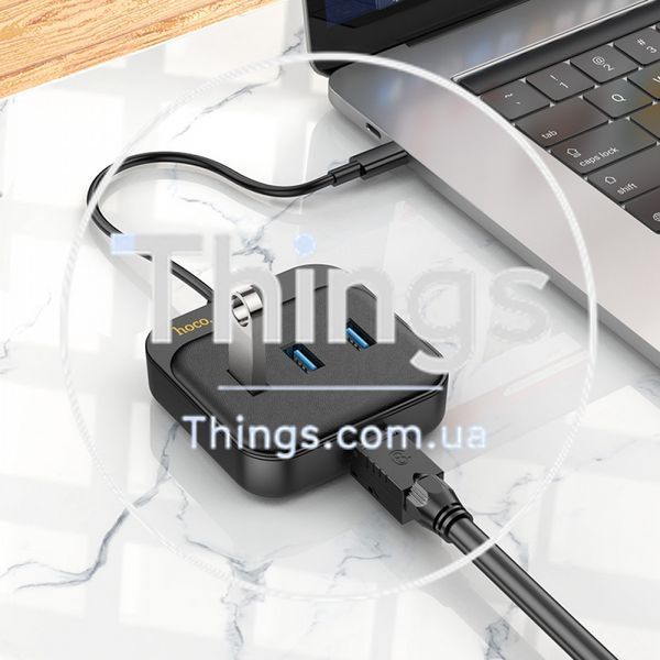 USB Ethernet Adapter Easy link 4-in-1 Gigabit USB C to USB3.0*3+RJ45(L=0.2M) Hoco HB35 &mdash; Black К2-000078133 фото