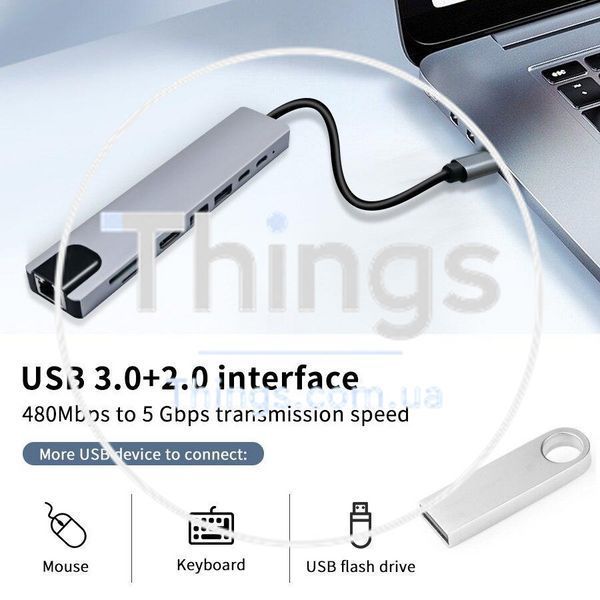 Хаб адаптер док-станция USB-C 8 в 1 Type-C HDMI RJ45 Ethernet 4K HDMI 100 Вт PD 2 порта USB 3.0 порт зарядки быстрая зарядка K1-000670 фото