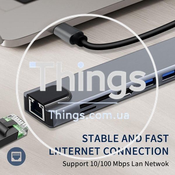 Хаб адаптер док-станция USB-C 8 в 1 Type-C HDMI RJ45 Ethernet 4K HDMI 100 Вт PD 2 порта USB 3.0 порт зарядки быстрая зарядка K1-000670 фото